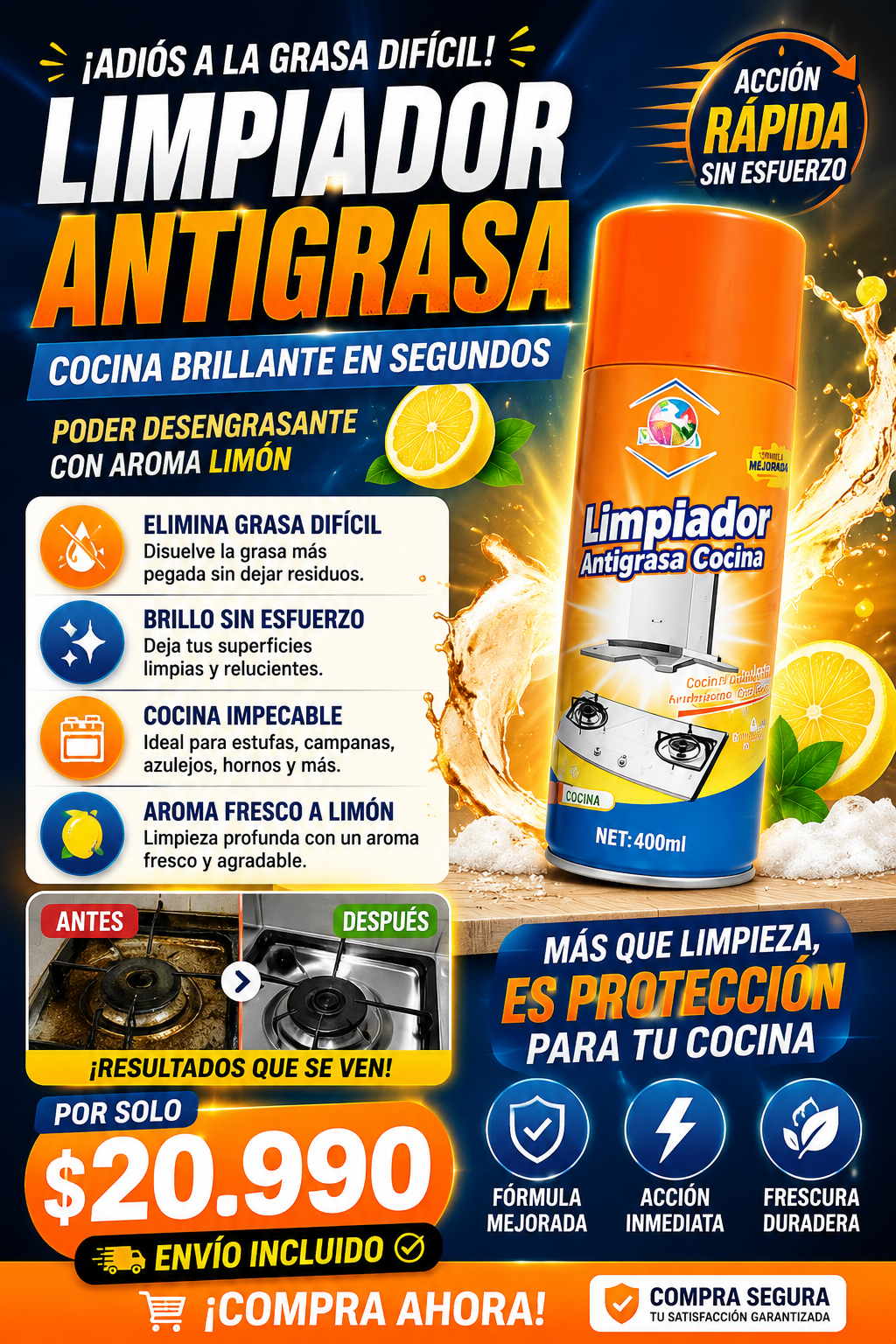 B - LIMPIADOR  ESPUMA ANTI GRASA NARANJA